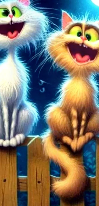 Two fluffy animated cats sitting on a fence under the moonlight.