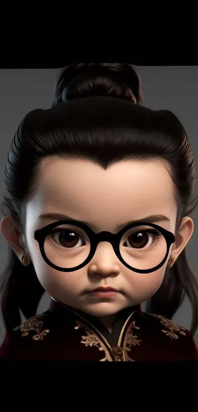 Animated girl with glasses on gray background.