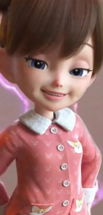 Cute animated girl in pink outfit with playful expression.