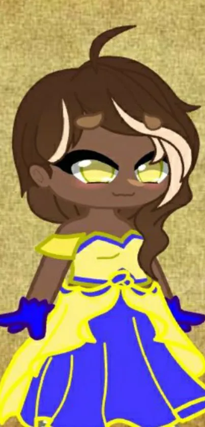 Cartoon character in a vibrant yellow and blue dress with brown hair.