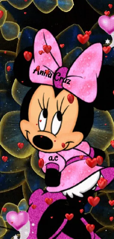 Cartoon character with pink attire and heart accents on a stylish background.