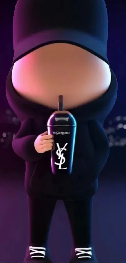 Cartoon character with hood and drink in a vibrant, dark cityscape background.