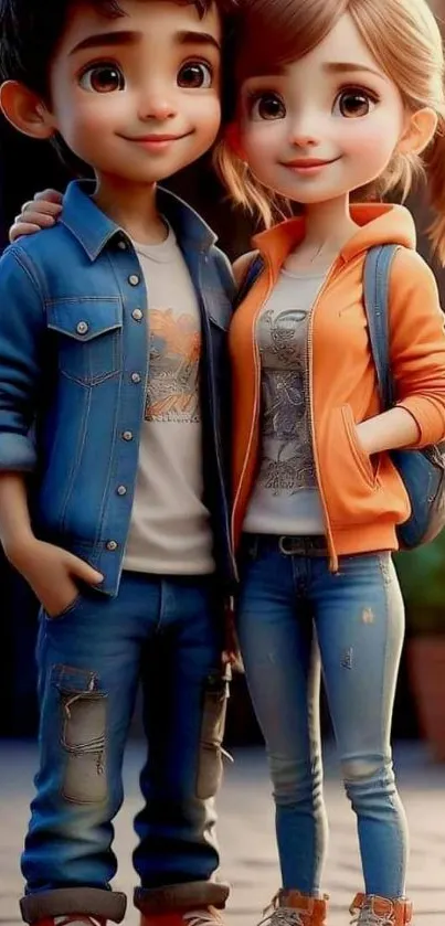 Charming animated couple in denim outfits posing happily.