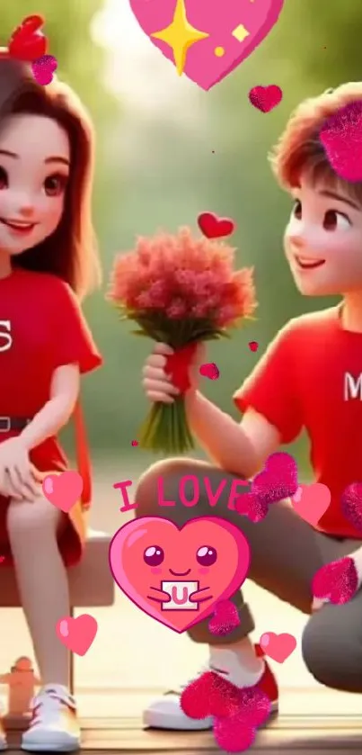 Adorable animated couple in a vibrant red and pink romantic setting.