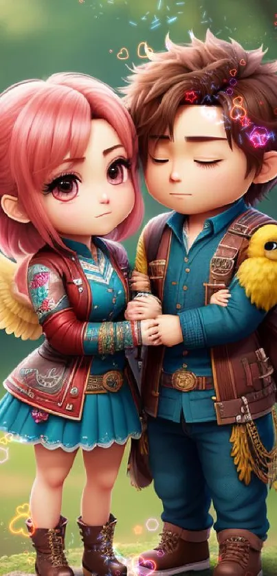 Cute animated couple with wings in a vibrant, fantasy setting for mobile wallpaper.