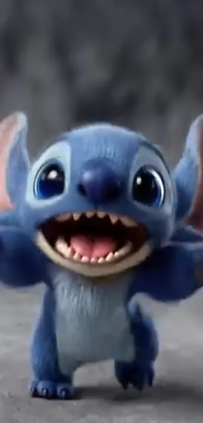 Adorable blue animated creature with big eyes and open mouth on gray background.