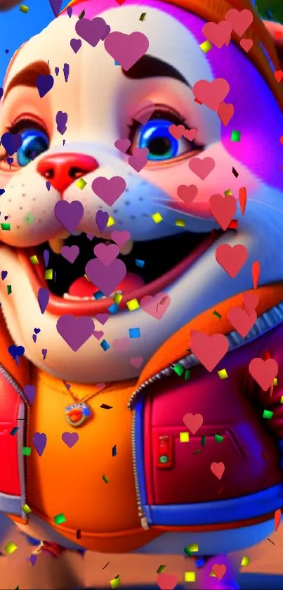 Cute cartoon dog with colorful heart confetti.