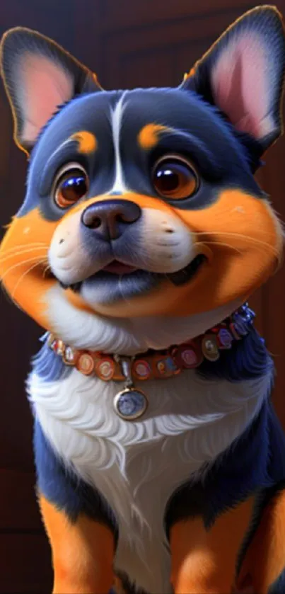 A cute animated dog with a colorful collar. Perfect for mobile wallpaper.