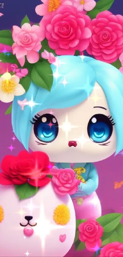 Cute character with blue hair and flowers in vibrant pink tones.