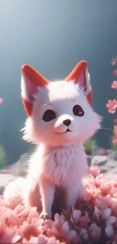 Cute animated fox sitting among pink blossoms with soft background.