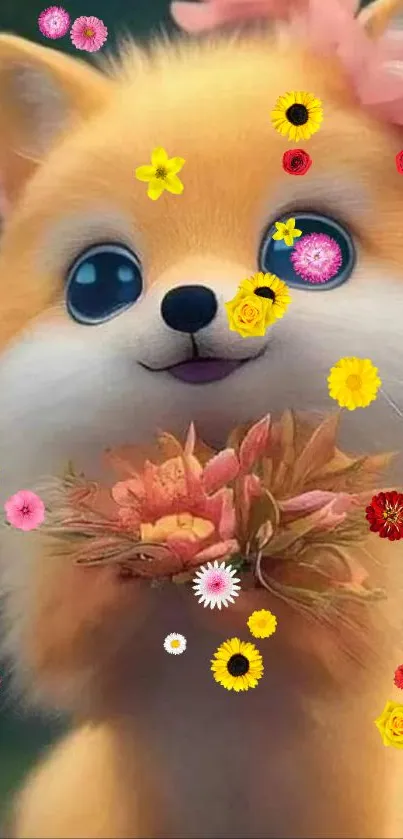 Cute animated fox holding flowers in a vibrant wallpaper.