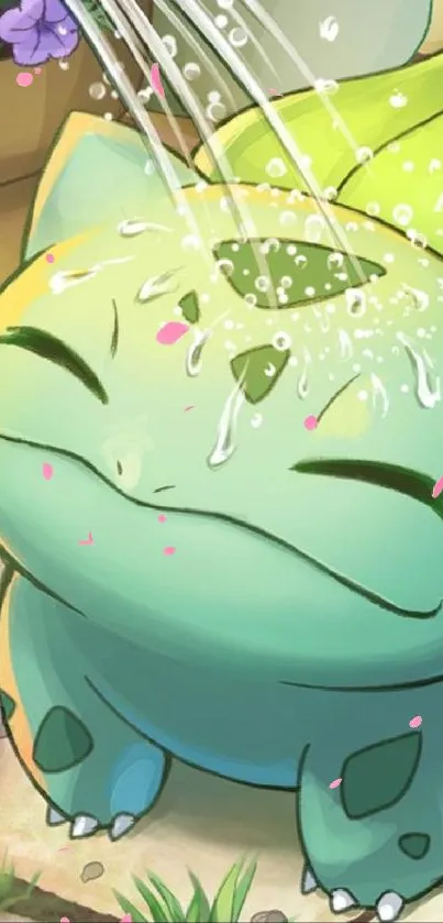 Cute animated frog enjoying water in a vibrant garden setting.