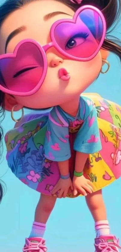 Cute animated girl with heart-shaped sunglasses and a colorful outfit.