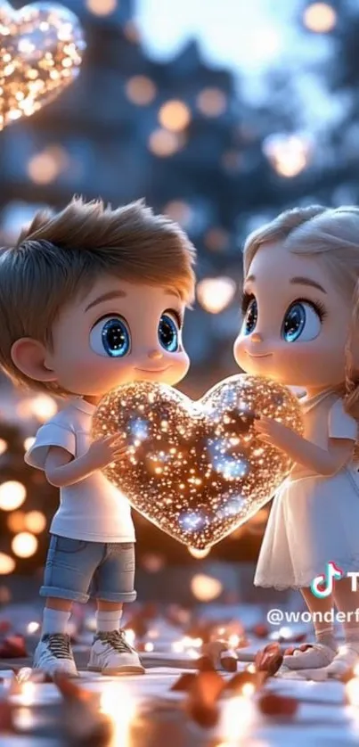Cute animated children holding a glowing heart.