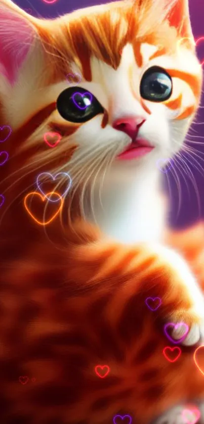 Cute animated orange kitten with neon hearts.