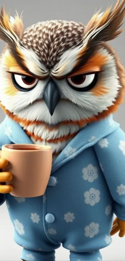 Cute animated owl in pajamas drinking coffee.