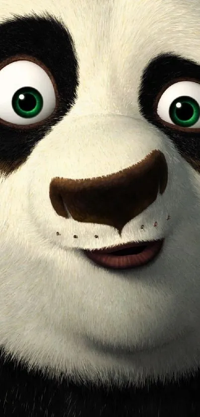 Adorable animated panda with green eyes looking directly.