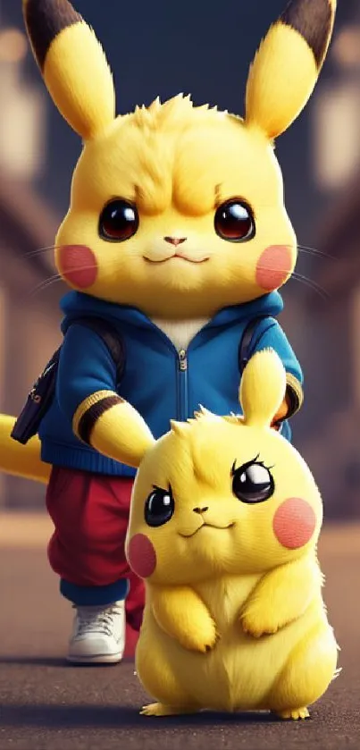 Cute animated Pikachu duo in urban setting.