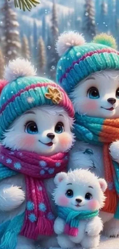 Cute cartoon polar bears in winter apparel.
