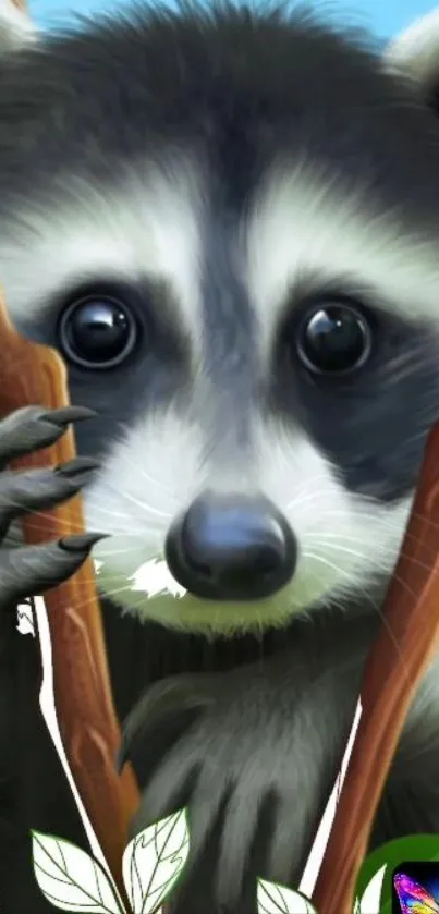 Adorable animated raccoon peeking through branches with big eyes.