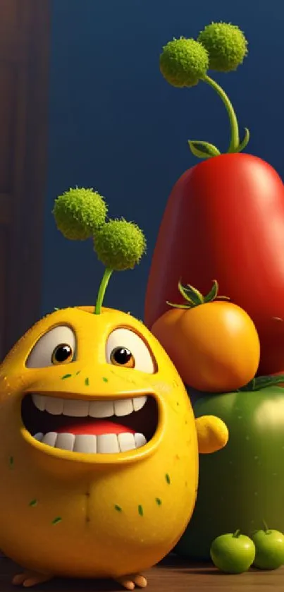 Cute animated vegetable characters in a vibrant wallpaper.