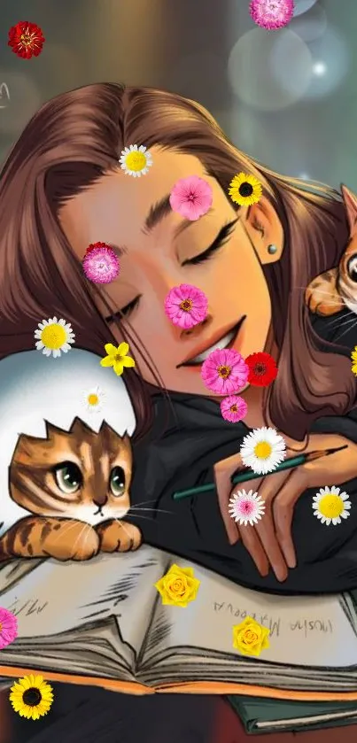 Illustration of a sleeping girl with cats and flowers on a mobile wallpaper.