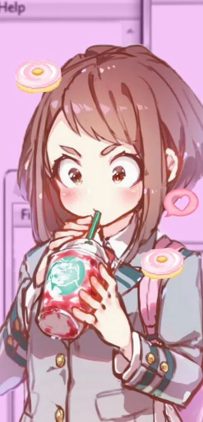 A cute anime girl sipping a drink in a pink-themed wallpaper.