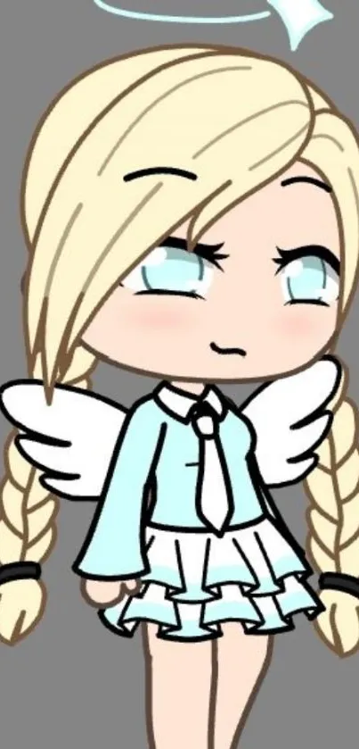 Anime angel character with blonde hair and wings on a grey background.