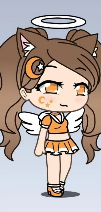 Adorable anime angel girl with brown hair and orange details on a light blue background.