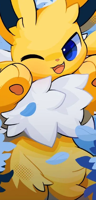 Winking yellow anime character with blue eyes, surrounded by blue and white.