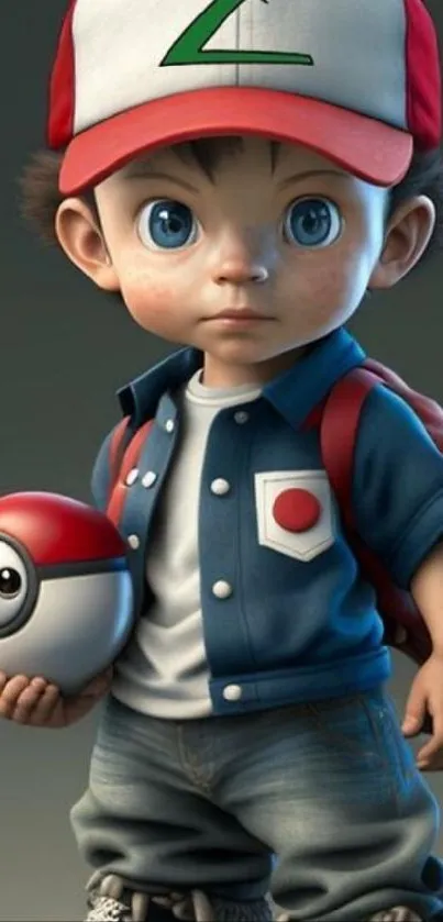 Adorable anime-style Ash Ketchum with Pokeball, perfect for mobile screens.