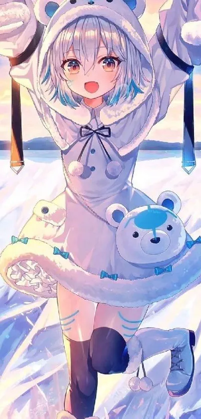 Anime girl in bear-hoodie, ice background.