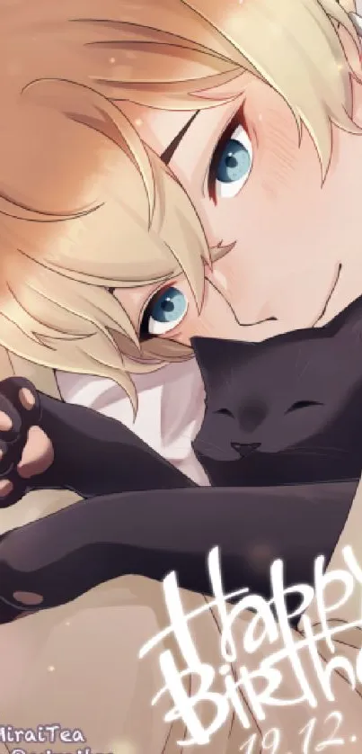 Anime character hugging a black cat with 'Happy Birthday' text.