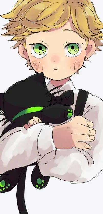 Anime boy with green eyes holding black cat.