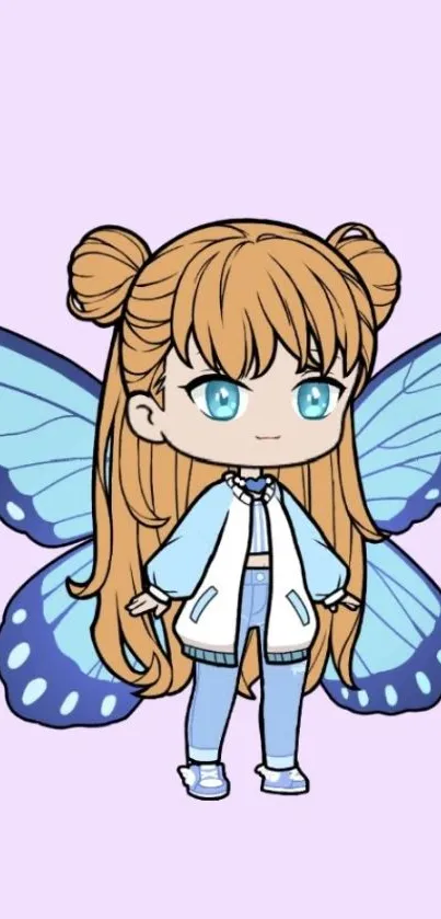 Anime girl with butterfly wings on lavender background.