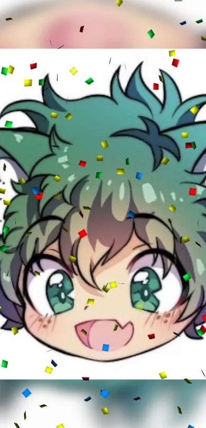 Anime cat face with confetti in vibrant colors, perfect for phone wallpaper.