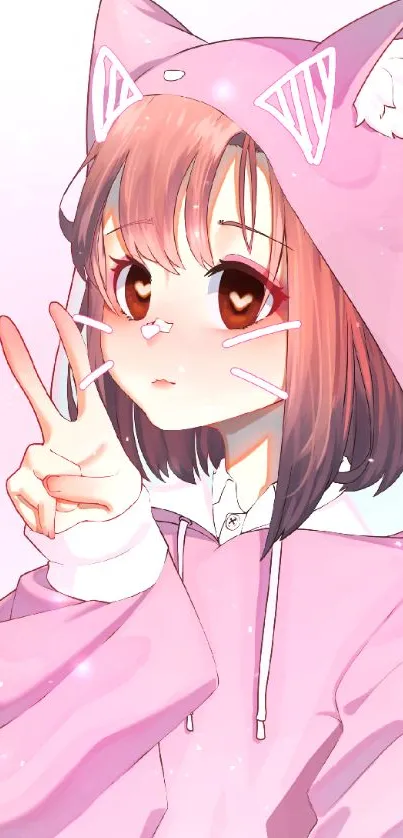 Anime girl in cat-eared hoodie, peace sign, cute pink theme.