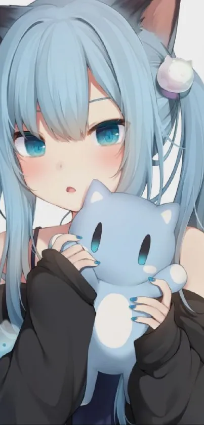 Anime girl with cat ears hugging a blue plush toy.