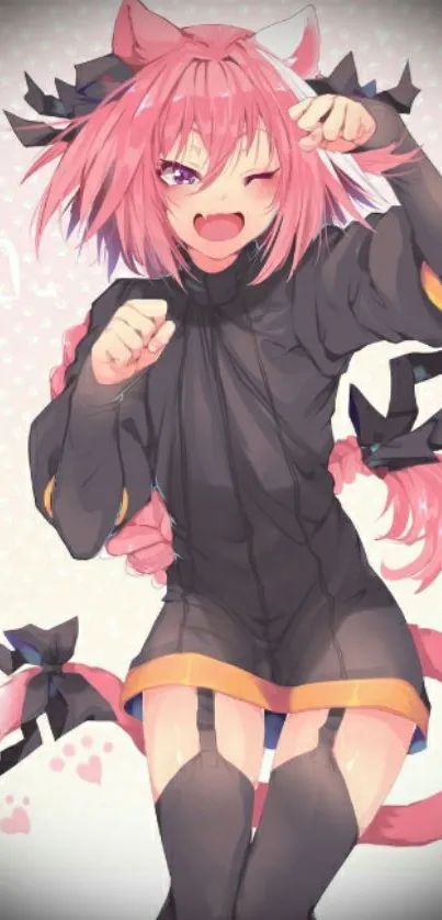 Cute anime cat girl with pink hair and ears on a vibrant wallpaper.