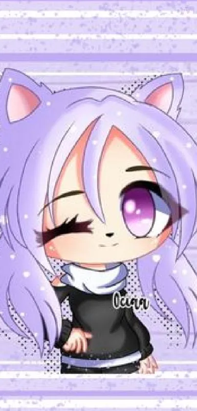 Anime cat girl with purple hair in a cute cartoon style background.