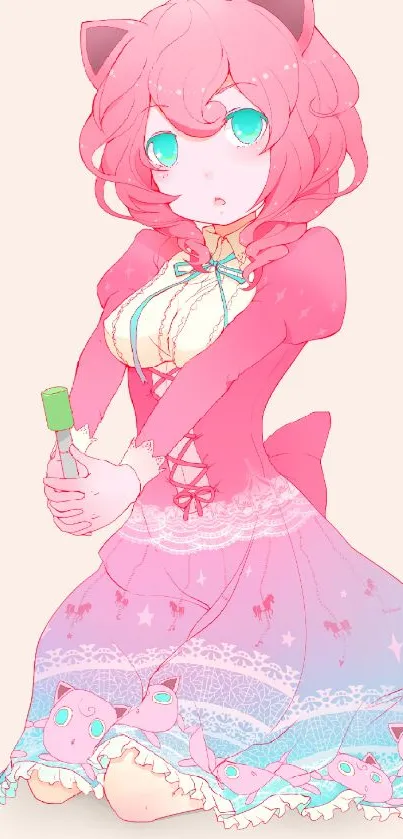 Cute anime cat girl in a pink dress with vibrant colors.