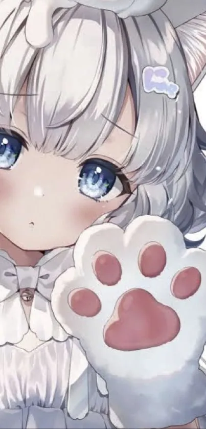 Cute anime cat girl with large blue eyes and paw print gloves.