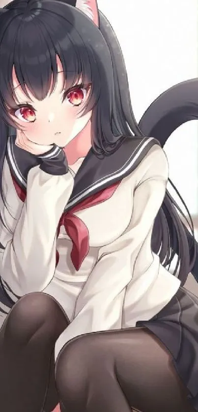 Cute anime cat girl in school uniform with dark hair and bright eyes.