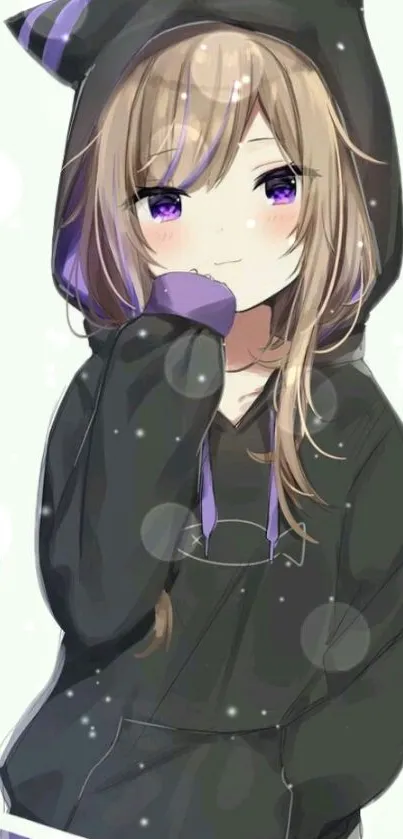 Cute anime girl with cat ears in a hoodie, perfect mobile wallpaper.