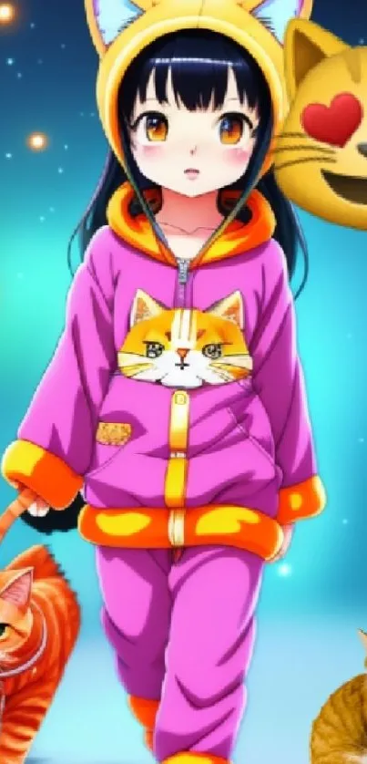 Anime girl in a purple cat hoodie with cats, set against a starry background.