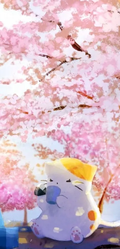 Cute cat under cherry blossoms in a colorful anime style wallpaper.