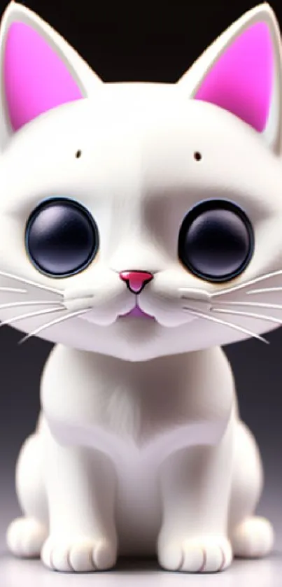 Adorable anime-style white cat with big eyes and pink ears on a mobile wallpaper.