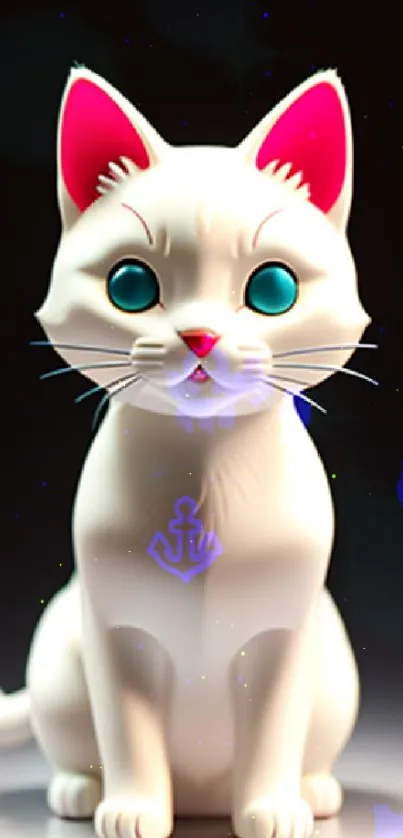 Cute white anime cat with pink ears and blue eyes on a dark background.