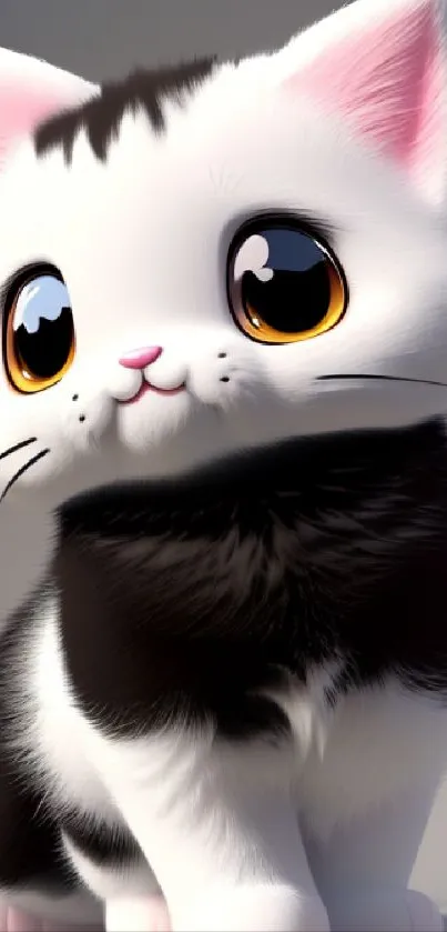 Cute anime cat with large eyes and black-and-white fur.