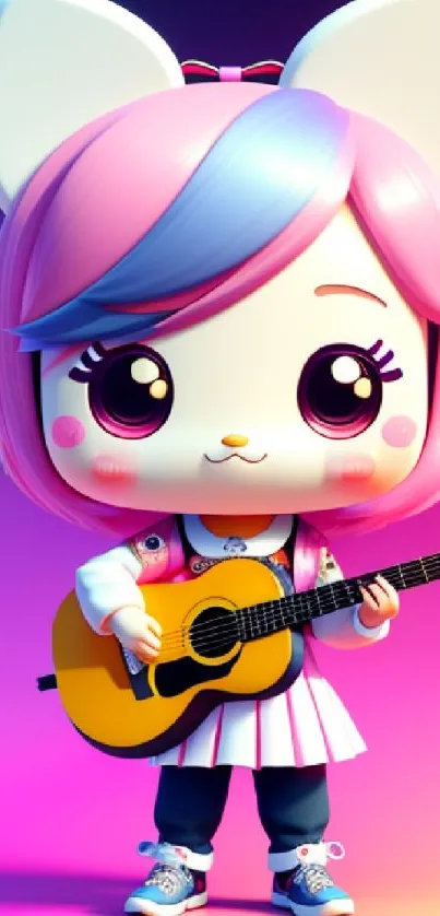 Cute anime cat character playing guitar on colorful background.